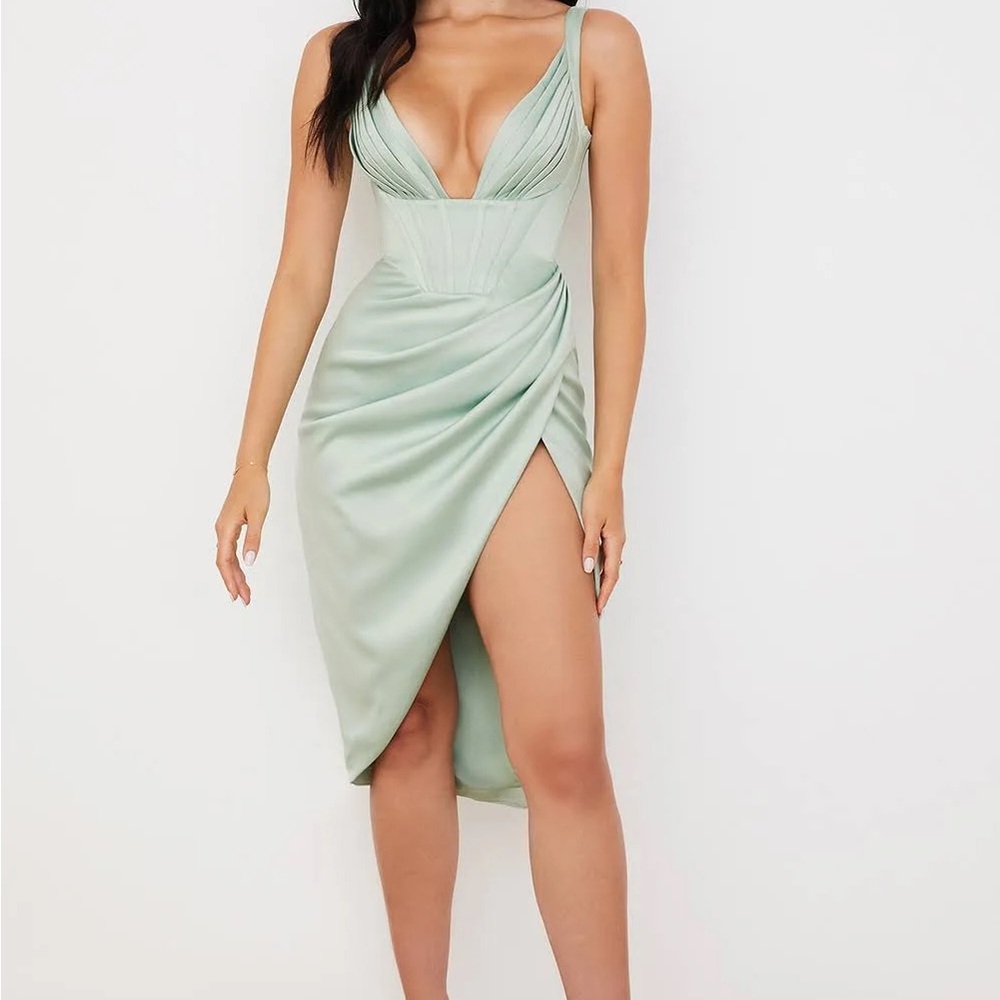 House of CB Faye Satin Corset Dress Elegant Mint Green Draped Dress